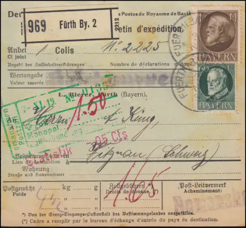 102+104 Roi Louis sur carte de paquet international pour le 3.11.1919 vers VITZNAU 8.11.