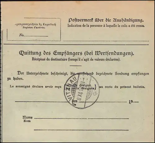 102+104 König Ludwig auf Auslands-Paketkarte FÜRTH 3.11.1919 nach VITZNAU 8.11.