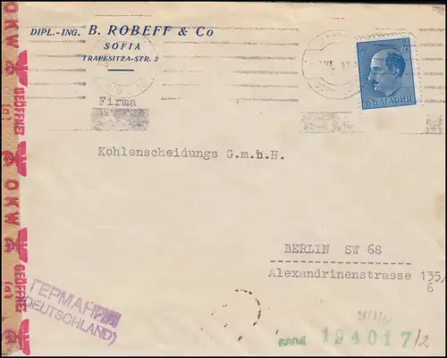 Lettre de censure de Bulgarie 339 Freische EF SOFIA 1941 vers Berlin