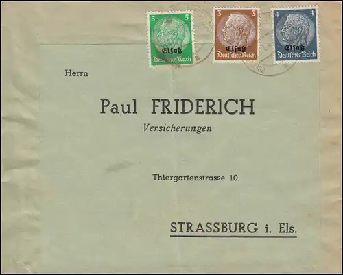 Alsace 1-3 Hindenburg avec les inscriptions 3, 4, et 5 p. MiF sur lettre Strasbourg 1941
