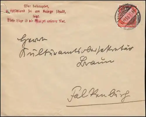 Hindenburg 12 Pf. EF sur lettre WIRCHOW 10.11.33 à Falkenburg avec propagande-O