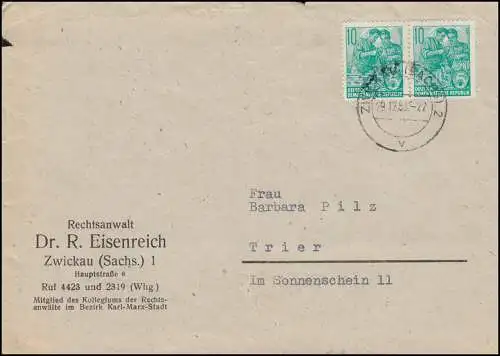 704B Fünfjahrplan im Paar als MeF auf Brief ZWICKAU (SACHS.) 29.12.59 nach Trier