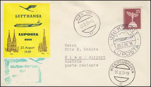 Lufthansa-Sonderflug LUPOSTA Köln-Wien Schmuck-Bf. SSt KÖLN 20.8.59 / WIEN 22.8.