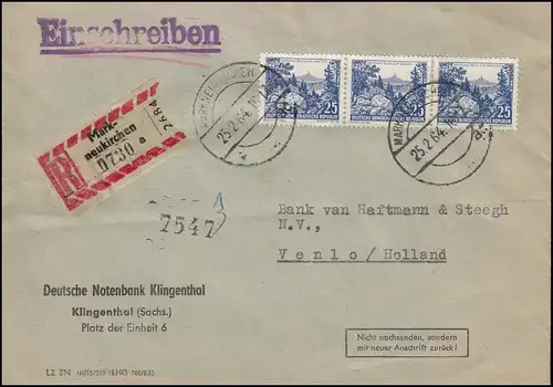 816 Brocken im Oberharz 25 Pf MeF auf R-Brief MARKNEUKIRCHEN 25.2.64 nach Venlo