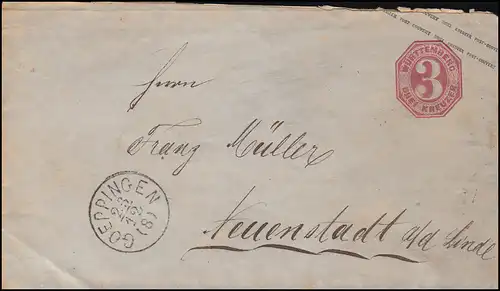 Württemberg Umschlag U 20 aus GÖPPINGEN 23.12.1872 nach NEUENSTADT 24.12.