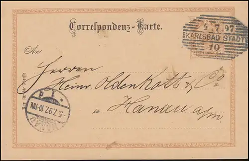Autriche Carte postale P 74 Franz Joseph 2 Kr. KARLSBAD STADT 4.7.1897 vers Hanau