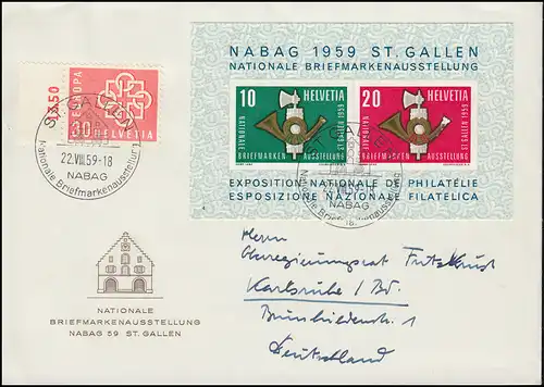Suisse Block 16 NABAG 1959 avec lettre de bijoux supplémentaire SSt ST GALLEN 22.8.59