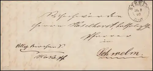 Preußen Vorphilatelie Brief Zweikreisstempel STEELE 18.9.1869 nach Schwelm 18.9.