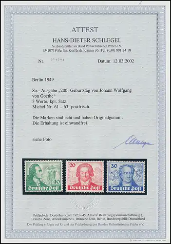 61-63 Goethe, kompletter Satz postfrisch ** einwandfrei, Fotoattest Schlegel BPP