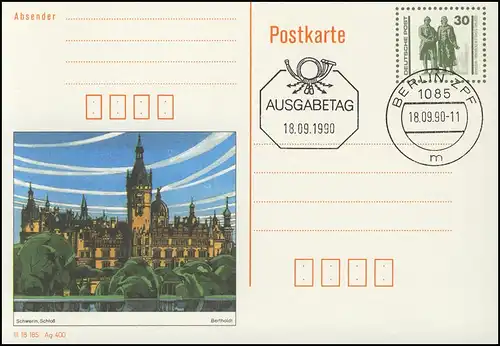 P 109/3 Goethe/Schiller: Schloss Schwerin 1990 30 Pf, VS-O Berlin ZPF 18.9.90