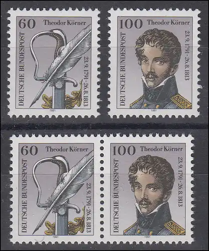 1559-1560 Block 25 Theodor Körner, 1 ZD + 2 Einzelmarken, Zusammendruck-Set **