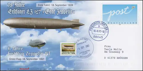 Luftschiffspost DKL 92 Zeppelin NT Erstfahrt LZ 127 FRIEDRICHSHAFEN 18.9.03