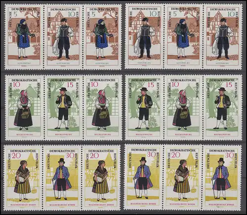 1214-1219 Volkstrachten II 1966, 12 Zusammendrucke + 6 Einzelmarken, Set **