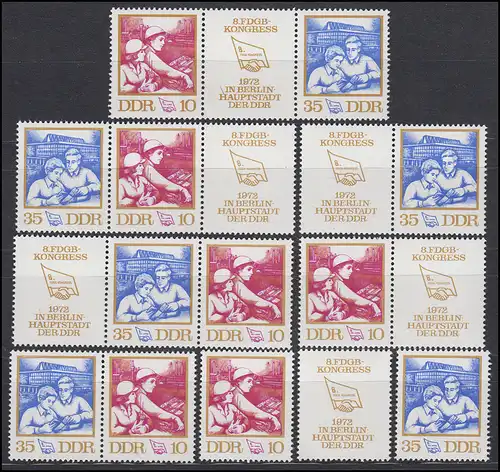 1761-1762 FDGB-Kongreß, 6 Zusammendrucke + 2 Einzelmarken, Set postfrisch **