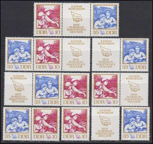 1761-1762 FDGB Kongress, 6 Zusammendrucke + 2 Einzelmarken, Set postfrisch **