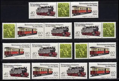 2864-2867 Eisenbahn - Schmalspurbahnen 1984, 12 Zusammendrucke + 4 Ezm, Set **