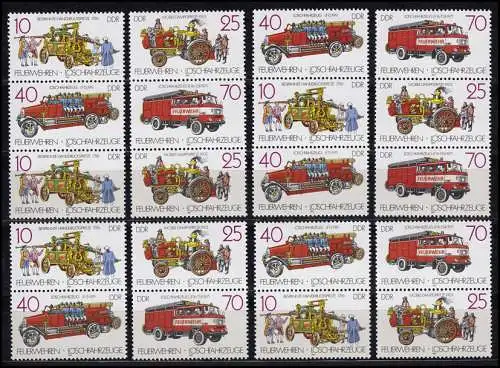 3101-3104 Feuerwehr Löschfahrzeuge, 16 Zusammendrucke + 4 Ezm, Set postfrisch