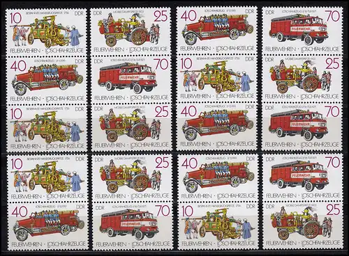 3101-3104 Feuerwehren Löschfahrzeuge, 16 Zusammendrucke + 4 Ezm, Set postfrisch