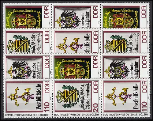 3306-3309 Panneau de poste historique 1990, 16 Impressions groupées + 4 Ezm, set **