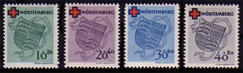 40-43A Wurtemberg Croix-Rouge 1949, ensemble denté ** post-fraîchissement / MNH