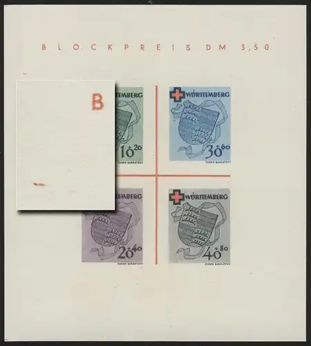 Bloc 1 Wurtemberg Croix rouge Type I (*) original utilisé