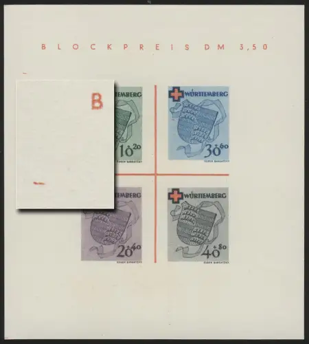 Block 1 Württemberg Rotes Kreuz Type I (*) original wie verausgabt