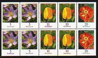 ZD-Blumen 5/10/20 Cent: Zusammendruck-Kleinbogen mit Krokus Tulpe Tagetes, **