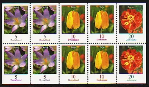 ZD-Blumen 5/10/20 Cent: Zusammendruck-Kleinbogen mit Krokus Tulpe Tagetes, **