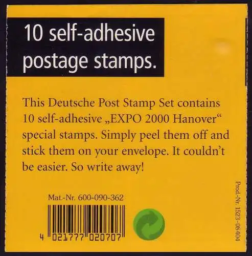 40 MH EXPO 2000, Produktnummer auf Deckelrückseite, postfrisch **