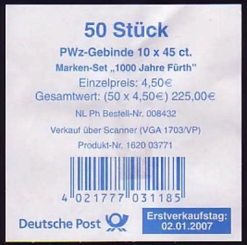 66 MH Fürth 2007, Banderole für 50 MH in der Farbe Blau