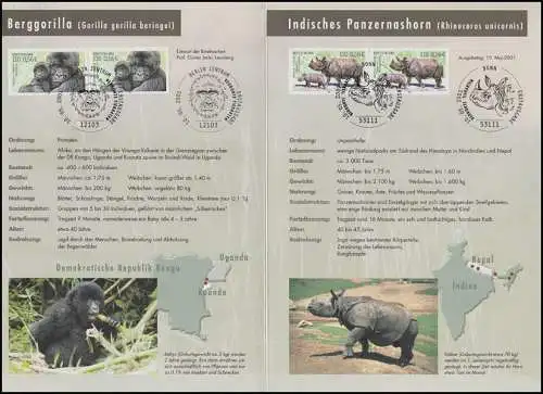 2182-2183 Bedrohte Tiere: Berggorilla & Indisches Panzernashorn - EB 2/2001