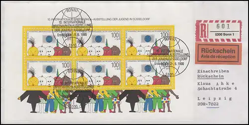 Bloc 21 Exposition DÜSSELDORF, EF Eil-R-FDC avec accusé de réception ESSt BONN 21.6.90