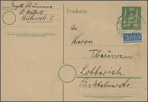 Carte postale P2 I Holstentor 10 Pf avec victime d'urgence St. Hubert/Kempen 4.12.1950