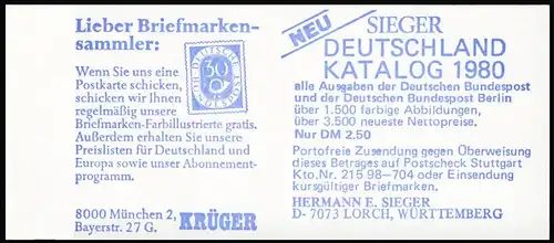 12a MH BuS (rote 60er) gestempelt mit Ersttaggsstempel Berlin 1.11.80