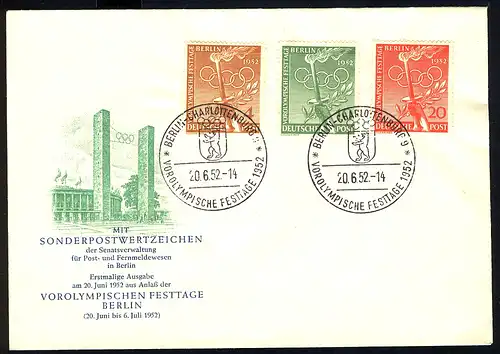 88-90 Vorolympische Festtage 1952, 3 Werte - Satz - amtlicher FDC