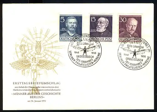 92+96+99 Männer Berlins 5+15+30 Pf. Lilienthal Virchow Planck - amtlicher FDC