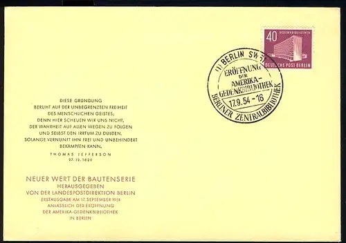 122 Bâtiments de Berlin 40 Pf Library 1954 - FDC officiel