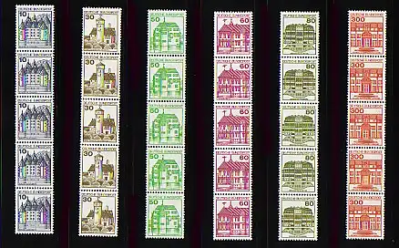 913 ff BUS LETTERSET 6 valeurs, bandes de 5 avec numéro, **