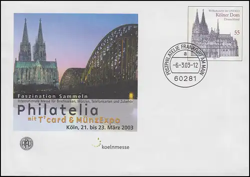 USo 55 PHILATELIA Köln 2003 und Kölner Dom, VS-O Frankfurt 6.2.2003