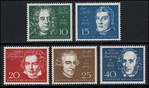 315-319 timbres individuels de Beethovenblock 1959, compositeurs, 5 valeurs, ensemble **