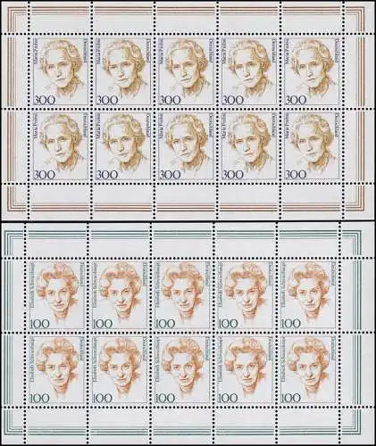 1955-1956 Femmes 100 Pf Schwarzhead / 300 PF Probst - 10er-Bogen-Test **