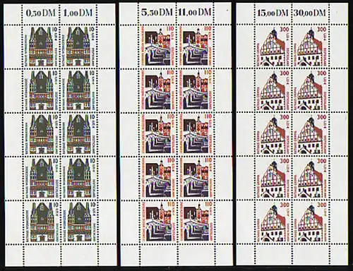 2139-2141 Sehenswürdigkeiten 10+110+300 Pf (0,05+0,56+1,53), 10er-Bogen-Satz **