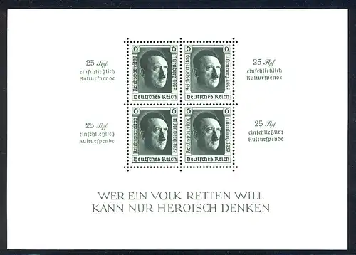 Block 11 Hitler mit Zudruck und Aufdruck Reichsparteitag 1937, **