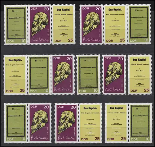 1365-1367A Karl Marx 1968, 6 Zusammendrucke + 3 Einzelmarken, Set postfrisch **
