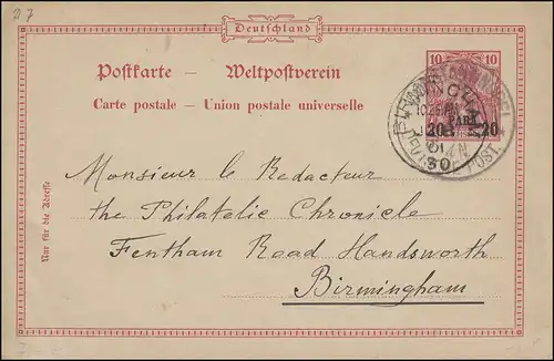 Türkei Postkarte P 7 Germania 20 Para CONSTANTINOPEL 4.6.1901 nach BIRMINGHAM