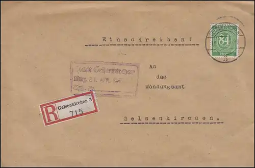 936 Freicke 84 Pf. EF sur lettre R locale GELSENKIRCHEN 3 a - 19.4.1947