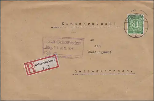 936 Freimarke 84 Pf. Ziffer EF auf Orts-R-Brief GELSENKIRCHEN 3 a - 19.4.1947