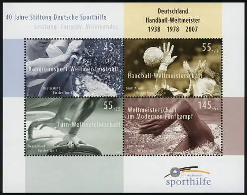 Block 70 Sporthilfe 40 Jahre Deutsche Sporthilfe 2007, postfrisch **