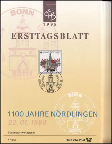 Ersttagsblätter ETB Bund Jahrgang 1998 Nr. 1 - 40 komplett im blauen Postalbum