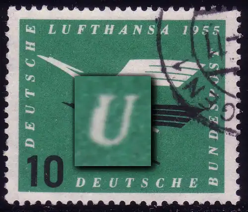 206 Lufthansa 10 Pf. mit PLF: Kerbe im U von DEUTSCHE, Feld 41, gestempelt